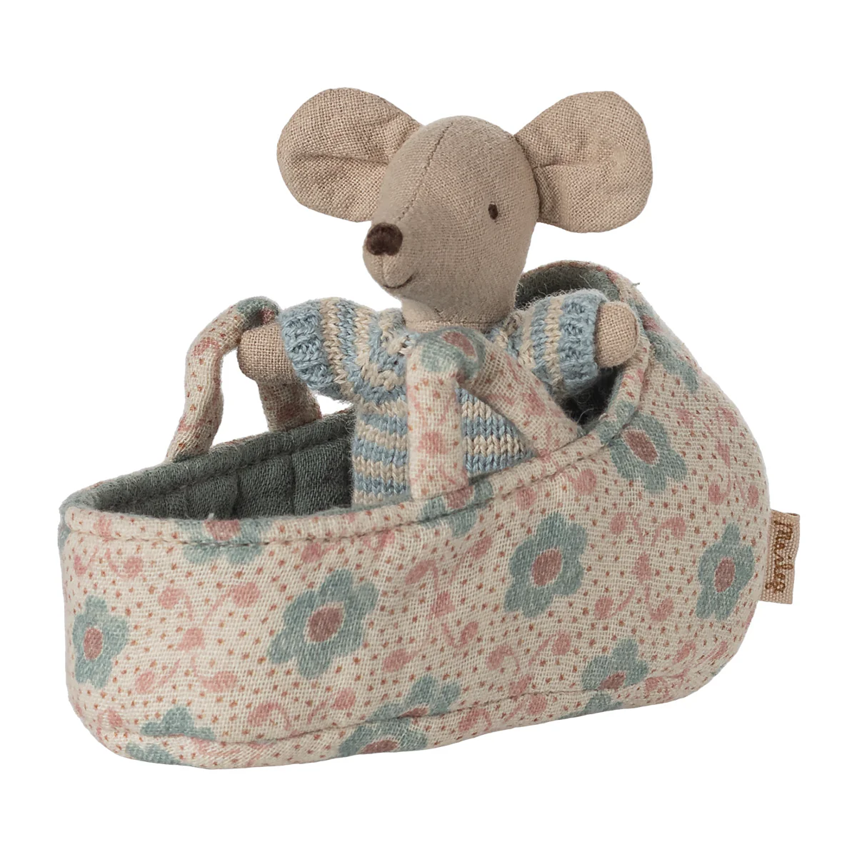 Maileg Baby Mouse in Carry Cot - Blue - Image 3