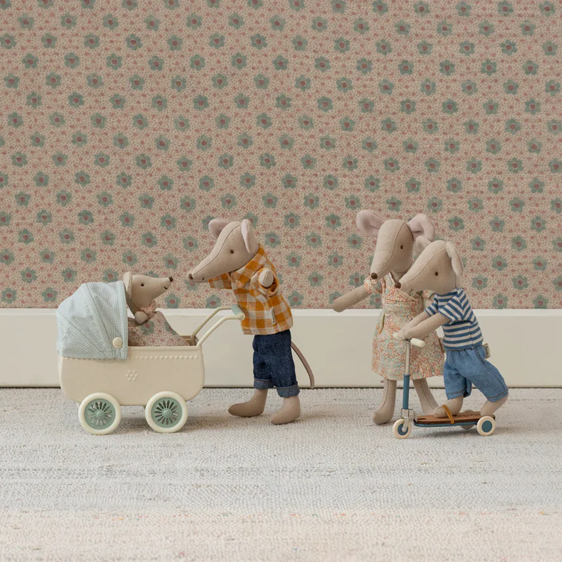 Maileg Pram With Baby Mouse - Mint - Image 3
